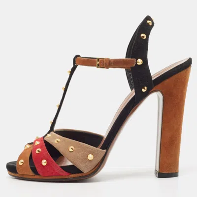 Pre-owned Gucci Multicolor Suede Spiked T-bar Ankle Strap Sandals Size 40 In Brown