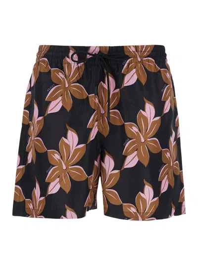 Gucci Multicolor Swimsuit With Drawstring And All-over Floral Print In Tech Fabric Man In Brown