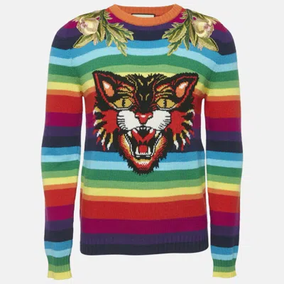 Pre-owned Gucci Multicolor Tiger Striped Intarsia Wool Embroidery Detail Sweater S