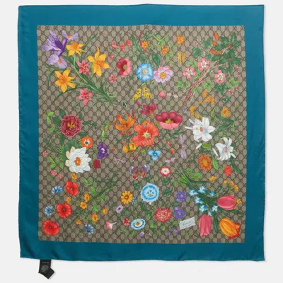 Pre-owned Gucci Multicolor/blue Floral Gg Supreme Print Silk Square Scarf
