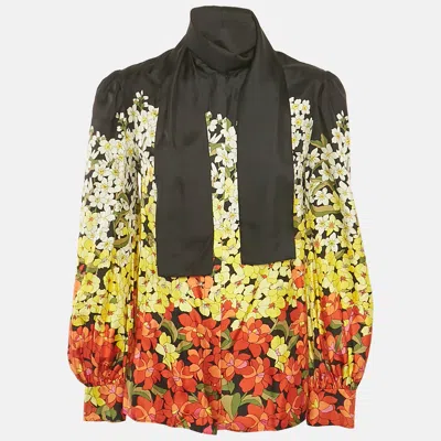 Pre-owned Gucci Multicolour Floral Print Silk Tie Neck Long Sleeve Blouse M