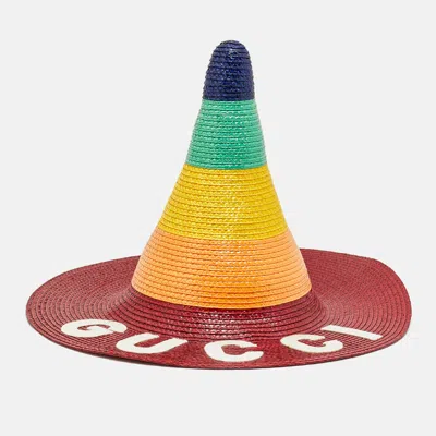 Pre-owned Gucci Multicolour Logo Detail Long Straw Hat M