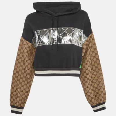 Pre-owned Gucci Multicolour Monogram Jacquard Knit Cropped Hoodie S