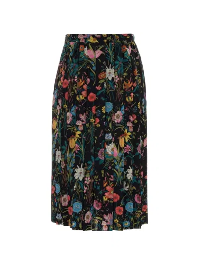 Gucci Long Floral Silk Skirt With Elastic Waist In Multi