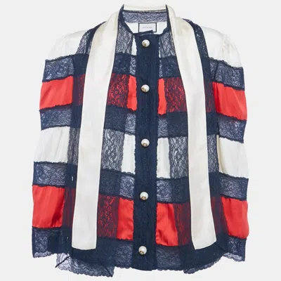 Pre-owned Gucci Multicolour Striped Silk & Lace Bow Tie Neck Blouse L