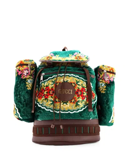 Pre-owned Gucci Multiple Pocket Floral Velvet Jacquard Large Backpack In Green