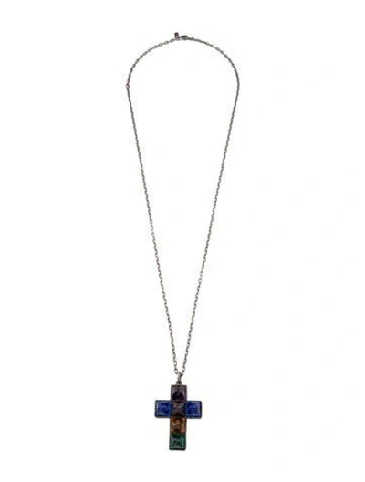 Pre-owned Gucci Multistone G Cube Cross Pendant Necklace, 35" In Multicolor