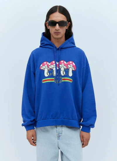 Gucci Mushroom Logo Hooded Sweatshirt In Blue