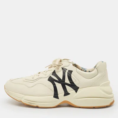 Pre-owned Gucci Mystic Cream Leather Ny Yankees Rhyton Low Top Sneakers Size 44 In Beige