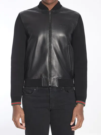 MA-1 Gucci Nappa And Knit Bomber Jacket Nappa leather and knit bomber jacket in black | GUCCI® US