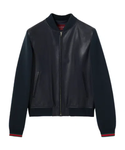Gucci Nappa Leather And Knit Bomber Jacket In Blue