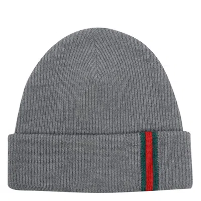 Gucci L Beanie Hat With Web Detail In Gray