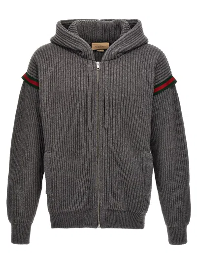 Gucci Nastro Web Hooded Cardigan In Gray