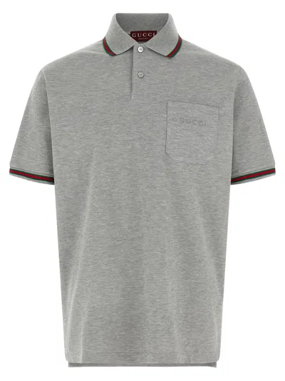 Gucci Grey Polo Shirt With Web Details And Logo Lettering On The Front In Wool Blend Man In Gray