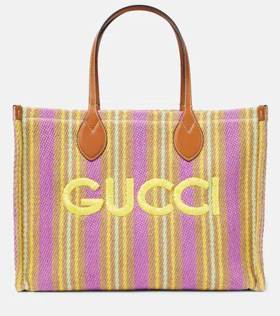 Gucci Striped Leather-trimmed Tote Bag In Nat.can.m.m Ac.l/har