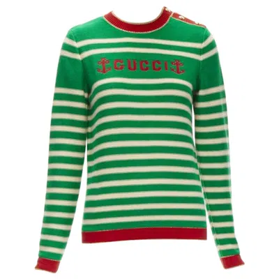 Pre-owned Gucci Nautical Sailor Intarsia Embroidery Green Beige Striped Sweater Xs
