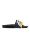 Gucci Navy Blue And Black  Pursuit Logo Slides In Black