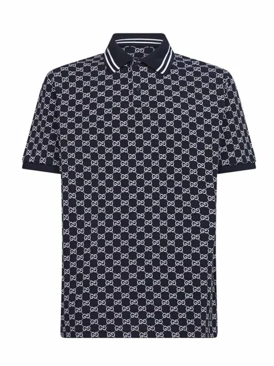 Gucci Navy Blue And White Gg Jacquard Cotton Pique Polo Shirt