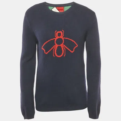 Pre-owned Gucci Navy Blue Bee Web Stripes Wool Sweater M