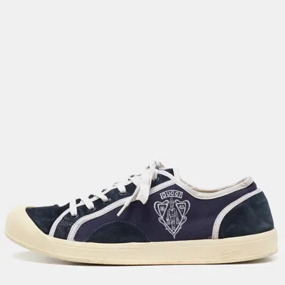 Pre-owned Gucci Navy Blue Canvas And Suede Signature Crest Trainers Size 42