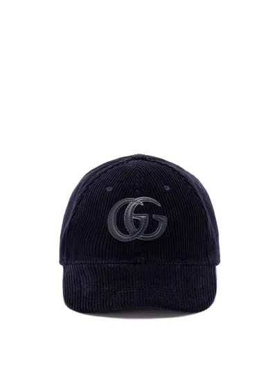 Gucci Navy Blue Corduroy Baseball Cap In Black