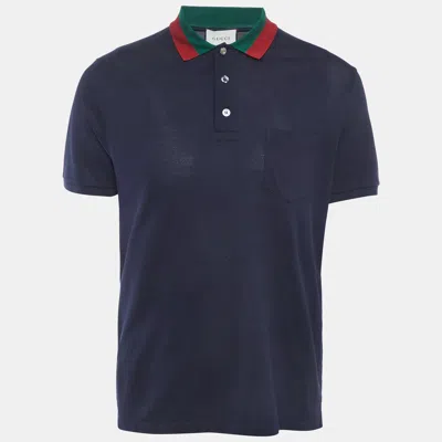 Pre-owned Gucci Navy Blue Cotton Pique Web Collar Polo T-shirt Xxl