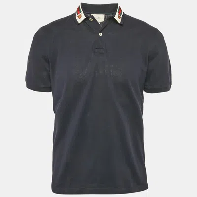 Pre-owned Gucci Navy Blue Cotton Pique Web Tape Collar Detail Polo T-shirt Xl