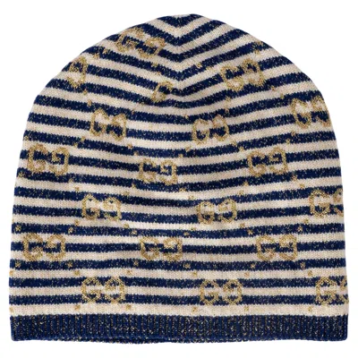Pre-owned Gucci Navy Blue Cream Gold Wool Gg Lamé Knit Beanie Hat In White