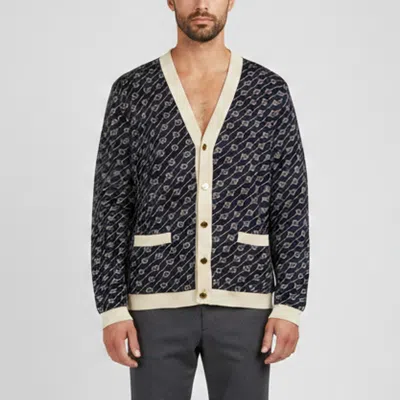 Pre-owned Gucci Navy Blue Diagonal Monogram Jacquard Knit Cardigan Xxl