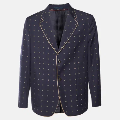 Pre-owned Gucci Navy Blue Double G Logo Jacquard Wool Tailored Blazer L