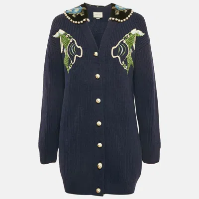 Pre-owned Gucci Navy Blue Embroidered Wool Pearl Detail Button Front Cardigan Xs
