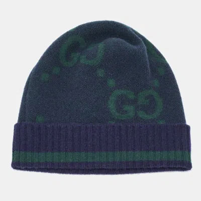 Pre-owned Gucci Navy Blue Gg Cashmere Knit Beanie Hat M