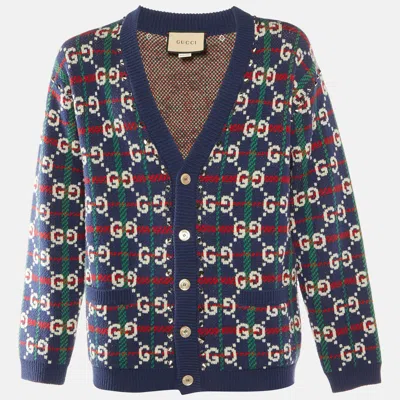 Pre-owned Gucci Navy Blue Gg Check Wool Knit Button Front Cardigan M