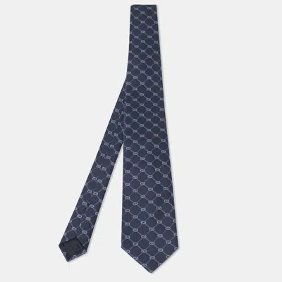 Pre-owned Gucci Navy Blue Gg Interlock Pattern Silk Tie