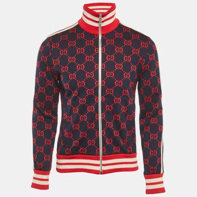 Pre-owned Gucci Navy Blue Gg Jacquard Cotton Knit Zip-up Jacket S