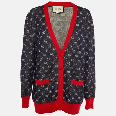 Pre-owned Gucci Navy Blue Gg Jacquard Wool & Alpaca Button Front Cardigan L
