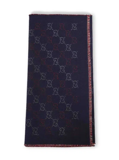 Gucci Men Navy Blue Gg Jacquard Wool Scarf