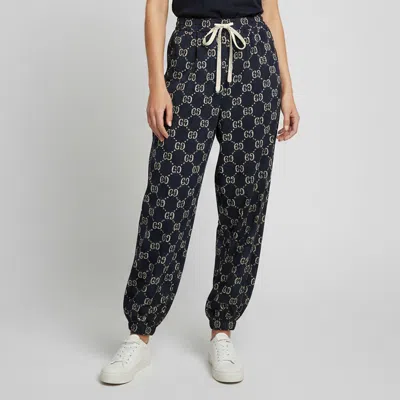 Pre-owned Gucci Navy Blue Gg Monogram Jacquard Drawstring Joggers L