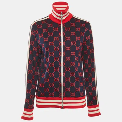 Pre-owned Gucci Navy Blue Gg Monogram Print Cotton Knit Zip Front Jacket M