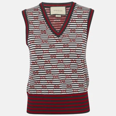 Pre-owned Gucci Navy Blue Gg Striped Knit Sleeveless Jumper L