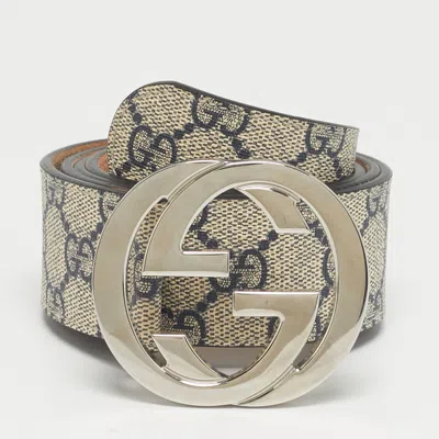 Pre-owned Gucci Navy Blue Gg Supreme Canvas Interlocking G Buckle Belt 90cm