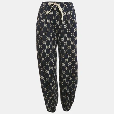 Pre-owned Gucci Navy Blue Gg Supreme Monogram Jacquard Knit Trackpants Xs