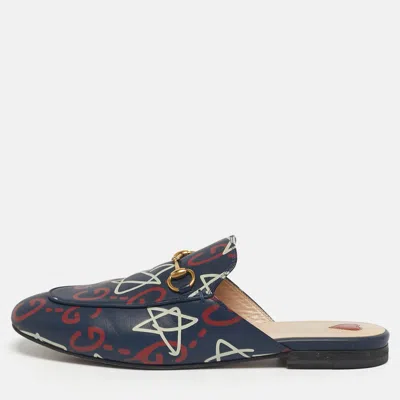 Pre-owned Gucci Navy Blue Ghost Print Leather Princetown Flat Mules Size 38