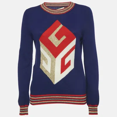 Pre-owned Gucci Navy Blue Intarsia Cube Lurex Wool Blend Knit Long Sleeve Sweater M