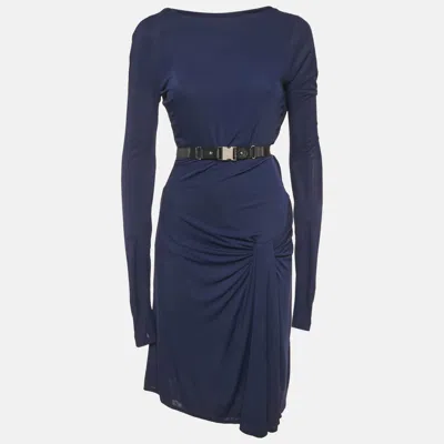 Pre-owned Gucci Navy Blue Jersey Belt Detail Knee-length Dress M