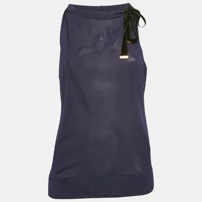 Pre-owned Gucci Navy Blue Jersey Tie-up Neck Detail Top M