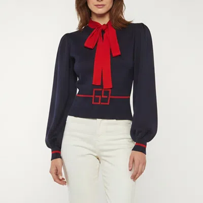 Pre-owned Gucci Navy Blue Knit Tie Neck Detail Puff Sleeve Sweater Xs