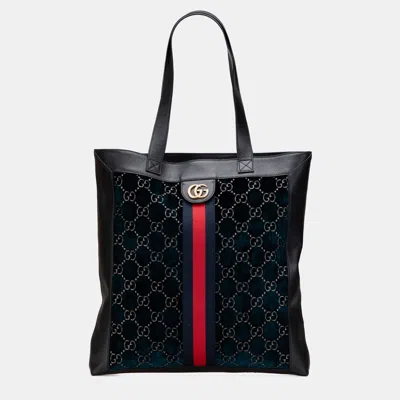 Pre-owned Gucci Navy Blue Large Gg Velvet Web Ophidia Tote
