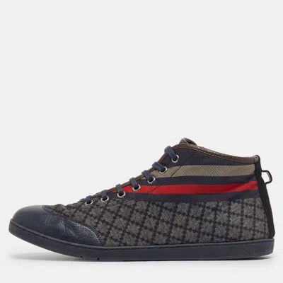 Pre-owned Gucci Navy Blue Leather And Diamante Web Print Nylon High Top Trainers Size 42.5