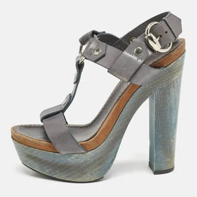 Pre-owned Gucci Navy Blue Leather Claudie Ankle Strap Sandals Size 39